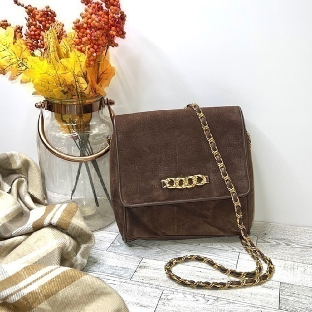 Amanda Smith Vintage Brown Suede Flap Crossbody Handbag